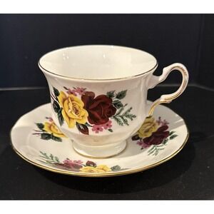 Queen Anne England Red Yellow Rose Gold Rimmed Footed Tea Cup Saucer Vintage
